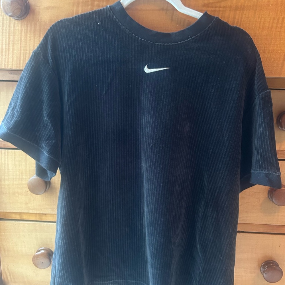 Nike Men's Black Ribbed Velour T-Shirt with Swoosh